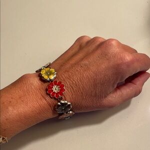 Floral Enamel Silver Bracelet with Red and Yellow Accents
